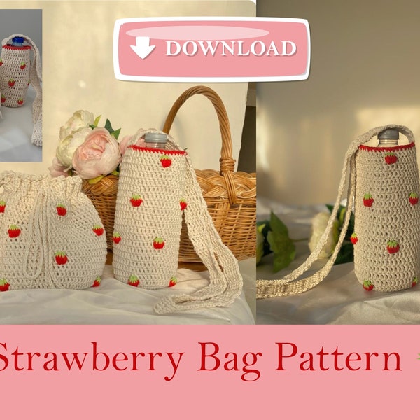 Patron Sac à fraises au crochet et ensemble porte-bouteille d'eau au crochet, sac à fraises PDF, porte-bouteille d'eau téléchargeable