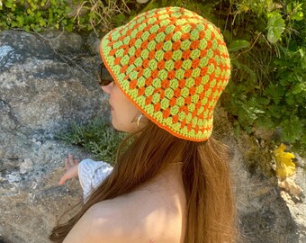 Crochet Bucket Hat, Striped Granny Square Summer Hat, Boho Beach Accessory