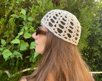 Crochet Cotton Blend Skull Cap: Boho Summer Head Wrap - Etsy
