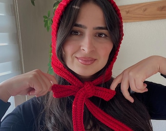 Red Crochet Bow Hood Scarf: Handmade Bonnet, Winter Balaclava