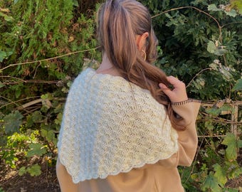 Cream Crochet Triangle Scarf, Mohair Look Wool Blend Shawl, Shell Stitch Wrap