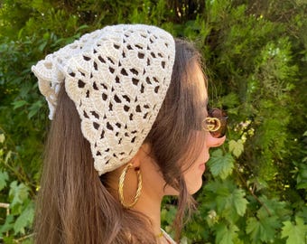 Crochet Bandana Beige Mesh Lace, Boho Hair Scarf, Summer Accessory
