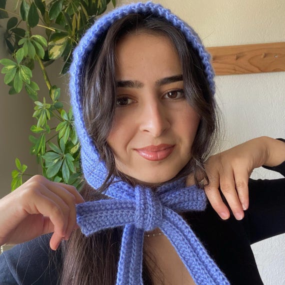 Crochet Hood Bonnet Handmade Winter Hat Cream Crochet Mohair Bow Bonnet: Handmade Soft Winter Hood  main image 2