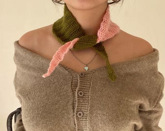 Green Pink Crochet Scarf, Wool Blend Skinny Neck Tie, Handmade Winter Accessory