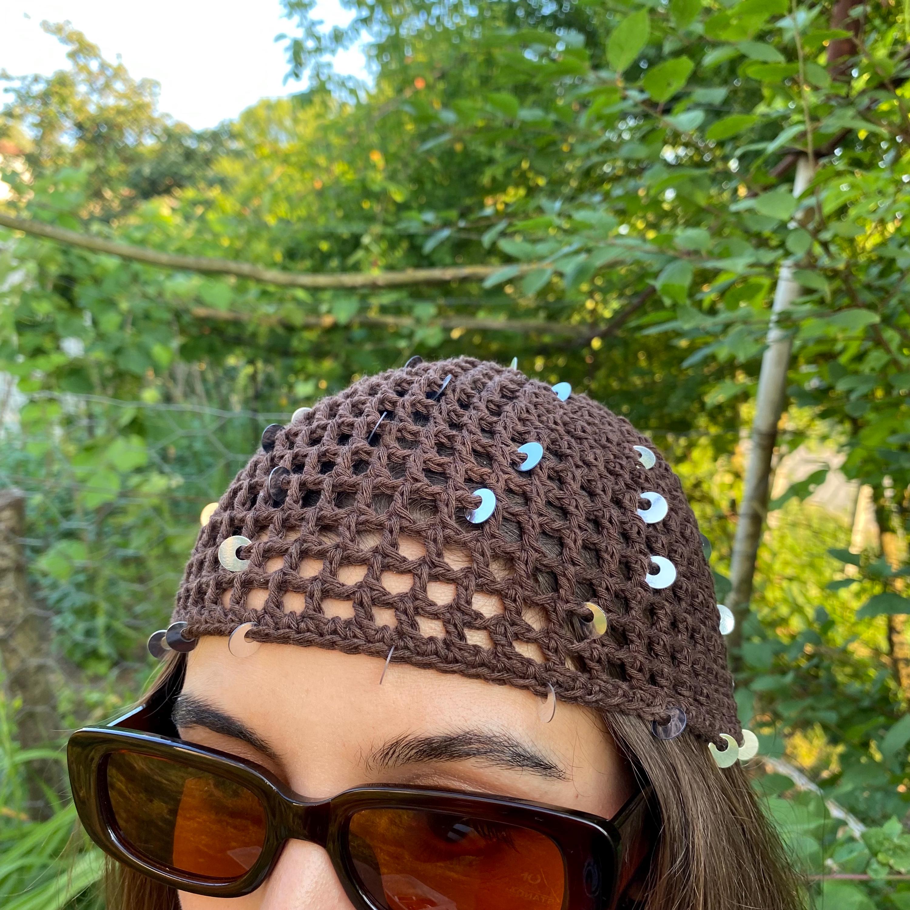 Created By Cyd Crochet Diamond Mesh Skull Beanie Copper‎ Brown Indian Cotton NEW Brown Crochet Sequin Skull Cap – Boho Mesh Summer Hat, Head  main image 3
