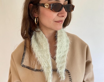 Sage Green Crochet Scarf, Fuzzy Merino Wool Neck Warmer, Skinny Neck Wrap