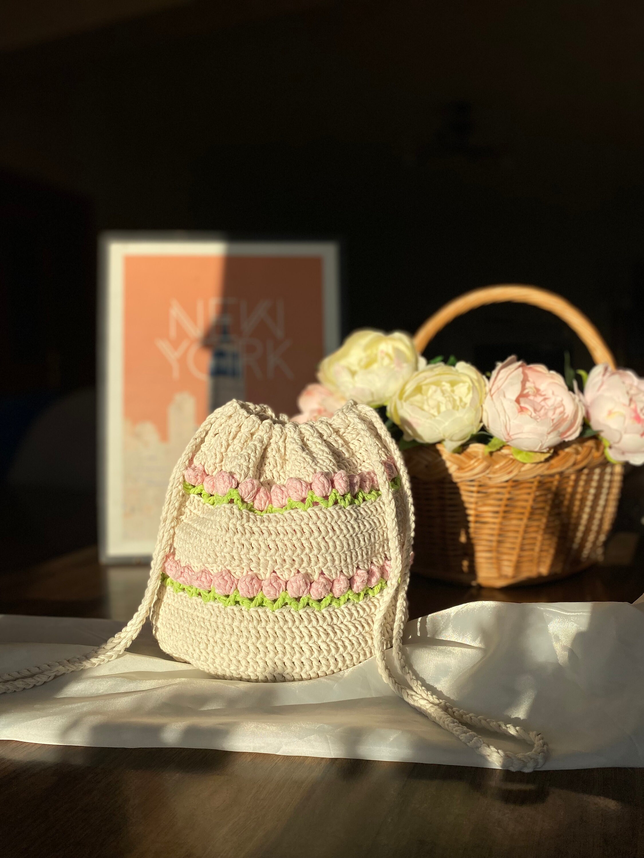 Crochet Pink Tulip Drawstring Bucket Bagembroidered Tote Bag - Etsy
