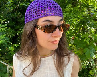 Purple Crochet Sequin Skull Cap – Boho Mesh Summer Hat, Head Wrap