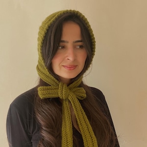 Handmade Adult Knit Bonnet in Country rusty style - Green/Brown. NEW, handmade Handknit Bonnet, Red Bonnet, Knit Hood, Handmade Winter Warm  main image 4