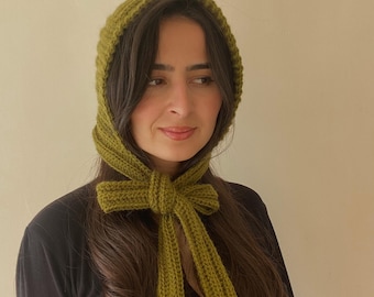 Green Crochet Mohair Bow Bonnet: Handmade Soft Winter Hood Scarf for Women