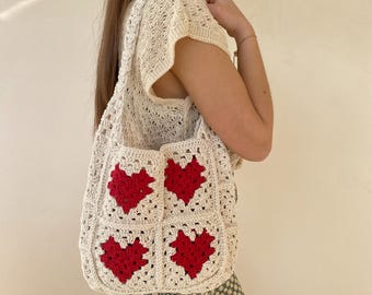 Crochet Red Heart Granny Square Bag: Recycled Cotton Tote