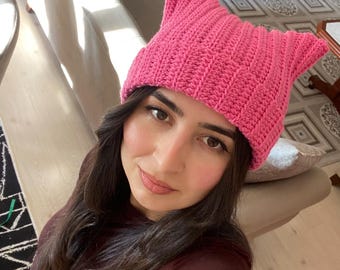 Crochet Pink Cat Ear Beanie: Wool Winter Hat