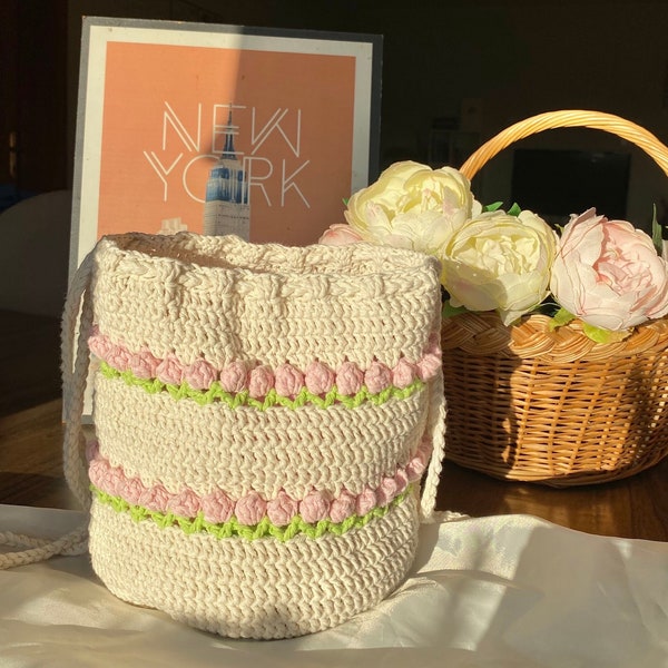 Crochet pink tulip drawstring bucket bag,embroidered tote bag, Cute knit tulip bag, minimalist drawstring bucket bag
