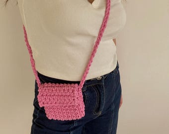 Pink Crochet Crossbody Bag: Handmade Cotton Blend Mini Tote