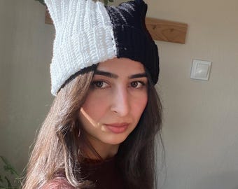 Black & White Crochet Cat Ear Beanie: Soft Wool Winter Hat