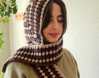 Brown Crochet Granny Square Hooded Scarf –  Handmade Balaclava for Winter