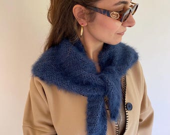Navy Blue Merino Wool Crochet Triangle Scarf, Fluffy Lightweight Neck Wrap