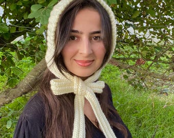 Cream Crochet Mohair Bow Bonnet: Handmade Soft Winter Hood Scarf for Women