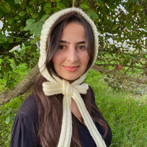 Cream Crochet Mohair Bow Bonnet: Handmade Soft Winter Hood 