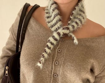 Sage Green Striped Crochet Skinny Scarf, Merino Wool Blend, Mohair Look