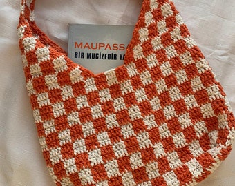 Orange Checkered Crochet Bag,crochet tote bag,knit bag,crochet bag pattern,crochet tote,tote bag pattern,checkerboard,baguette bag