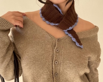 Brown Crochet Neck Scarf, Wool Blend Skinny Neck Warmer, Blue Trim