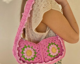 Crochet Pink Flower Shoulder Bag: Granny Square Knit Tote