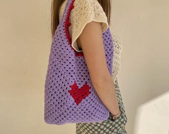 Crochet Heart Tote Bag: Purple Granny Square, Recycled Cotton