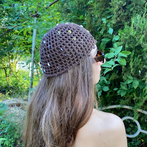 Brown Crochet Sequin Skull Cap – Boho Mesh Summer Hat, Head Wrap