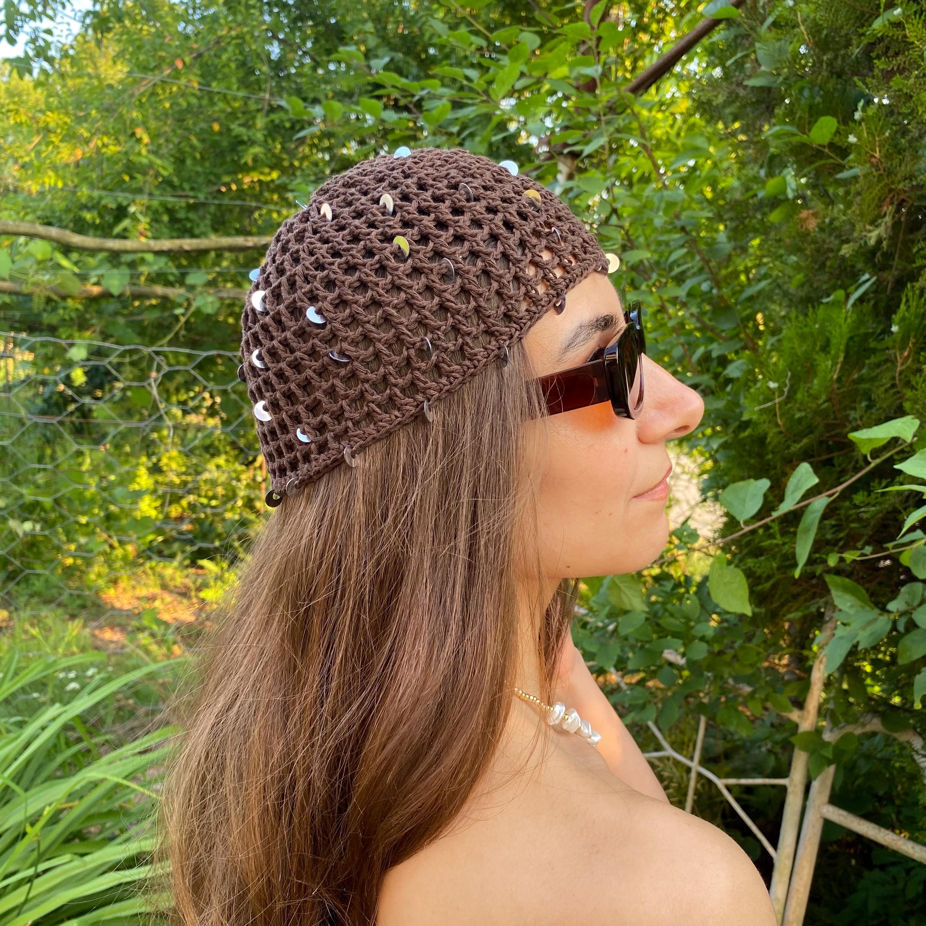 Turquoise Crochet Hat with Sequin Brown Band Hat Band | Horsehair 3 Strand w/ Buckle Brown/Turquoise  main image 4