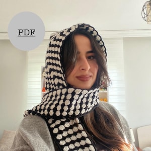 Patrón de bufanda cuadrada de abuela con capucha a crochet en blanco y negro – Descarga PDF A4