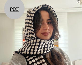 Crochet Granny Square Hooded Scarf Pattern in Black & White – A4 PDF Download