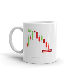May include: White ceramic mug featuring a stock market candlestick chart design. The chart shows green and red bars with the words "BUY" and "MARGIN CALL". The website address Stock Market Mugs.com is printed at the bottom.