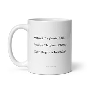 Op de afbeelding: Een witte keramische koffiemok met een zwart tekstontwerp dat luidt: "Optimist: Het glas is halfvol. Pessimist: Het glas is halfleeg. Excel: Het glas is 2 januari."