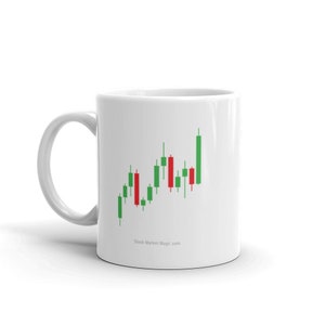 Puede incluir: Taza de cerámica blanca con un gráfico de velas verde y rojo. El texto "Stock Market Mugs.com" está impreso en la parte inferior de la taza.