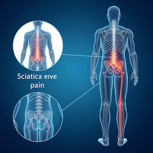 May include: Anatomical illustration of the human body highlighting the sciatic nerve and areas of pain. The image shows a transparent human figure with the spine and sciatic nerve in red, with the text "Sciatica eive pain".