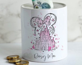 Pink Castle Money Box, Castle Savings Box, Minnie Castle Gift, Coin Bank, Savings Gift, Ceramic Money Pot, Piggy Bank, Personalised Gift