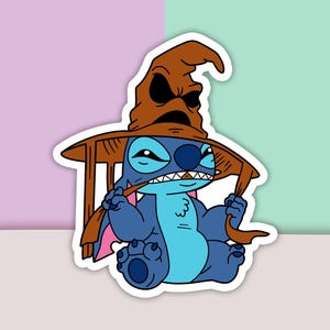 May include: A blue cartoon character with a mischievous expression is wearing a brown witch's hat. The character is holding the hat's brim with both hands.