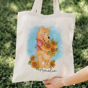 Sunflower Pooh Tote Bag, Winnie The Pooh Tote, Pooh Bear Personalised Bag, Personalised Tote Bag, Shopping bag, Grocery Bag, Reusable Bag