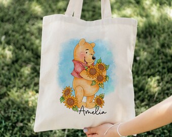 Sunflower Pooh Tote Bag, Winnie The Pooh Tote, Pooh Bear Personalised Bag, Personalised Tote Bag, Shopping bag, Grocery Bag, Reusable Bag