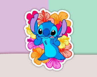 Flower Stitch Sticker, Stitch Sticker, Flower Sticker, Lilo And Stitch, Vinyl Sticker, Decal Sticker For Laptop, Die Cut Sticker