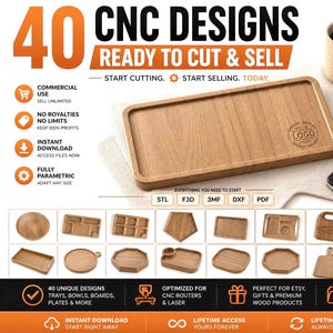 May include: A wooden tray with a rectangular shape and rounded corners, featuring a logo in the center. The image showcases a collection of 40 CNC designs, including trays, bowls, and boards, ready to cut and sell. The text reads "Ready to cut & sell."