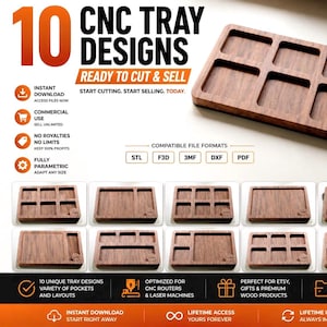 Peut inclure: Image promotionnelle de 10 modèles de plateaux CNC en bois, prêts à être coupés et vendus. Les plateaux présentent différents agencements de poches. Le texte inclut "Prêt à couper et vendre" et "Vendre des produits physiques". Formats de fichiers compatibles listés.
