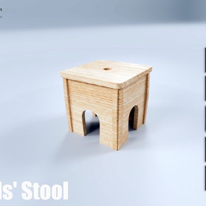 May include: A light-colored wooden kids' stool with a square seat and arched cutouts on the sides. The stool is made of wood and has a natural finish. The text "Kids' Stool" is displayed at the bottom of the image.