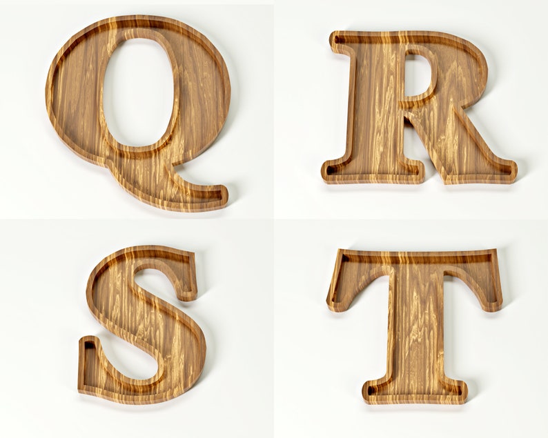 May include: Four wooden letter trays: Q, R, S, and T. Each tray is crafted from light brown wood, showcasing a natural grain pattern. The letters are in a bold, sans-serif font, with a shallow, tray-like design.