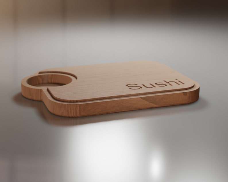 May include: A wooden serving tray with a cutout for a plate and the word "Sushi" engraved on the surface.