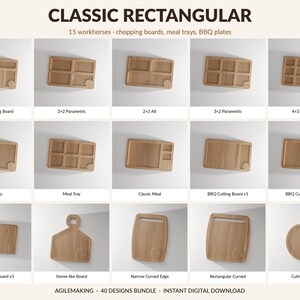 Pode incluir: Uma cole&ccedil;&atilde;o de t&aacute;buas de corte e bandejas de madeira de v&aacute;rios designs. Incluem t&aacute;buas retangulares, quadradas e de formatos &uacute;nicos com compartimentos e al&ccedil;as. O texto "CLASSIC RECTANGULAR" &eacute; vis&iacute;vel.