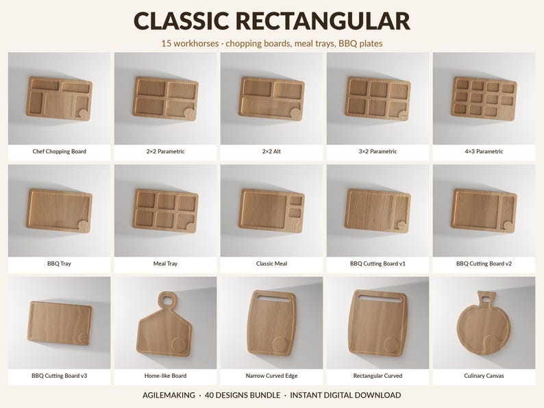 Pode incluir: Uma cole&ccedil;&atilde;o de t&aacute;buas de corte e bandejas de madeira de v&aacute;rios designs. Incluem t&aacute;buas retangulares, quadradas e de formatos &uacute;nicos com compartimentos e al&ccedil;as. O texto "CLASSIC RECTANGULAR" &eacute; vis&iacute;vel.