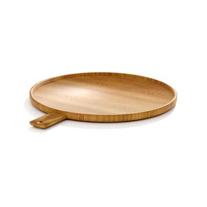 May include: A round, wooden serving tray with a handle. The tray is made of light brown wood and has a smooth surface. The handle is rectangular and attached to the side of the tray. The tray is designed for serving food or displaying items.