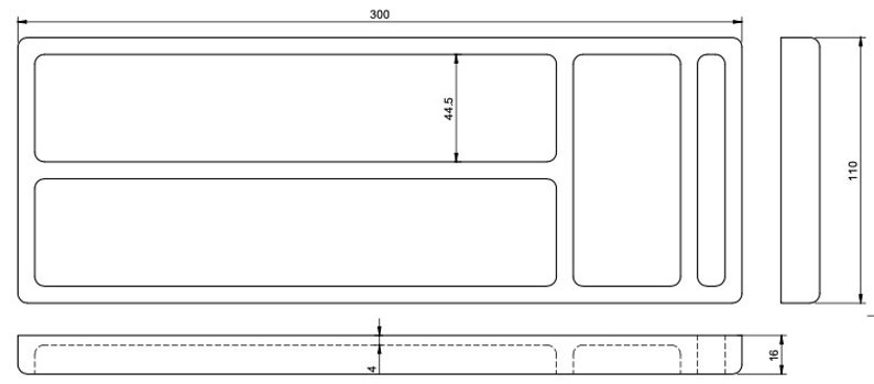 K&ouml;nnte beinhalten: Eine schwarz-wei&szlig;e technische Zeichnung einer rechteckigen Ablage mit mehreren F&auml;chern. Die Ablage ist 30 cm lang, 11 cm breit und 1,6 cm hoch, mit einer 4 mm Basis. Das gr&ouml;&szlig;te Fach ist 4,45 cm breit.